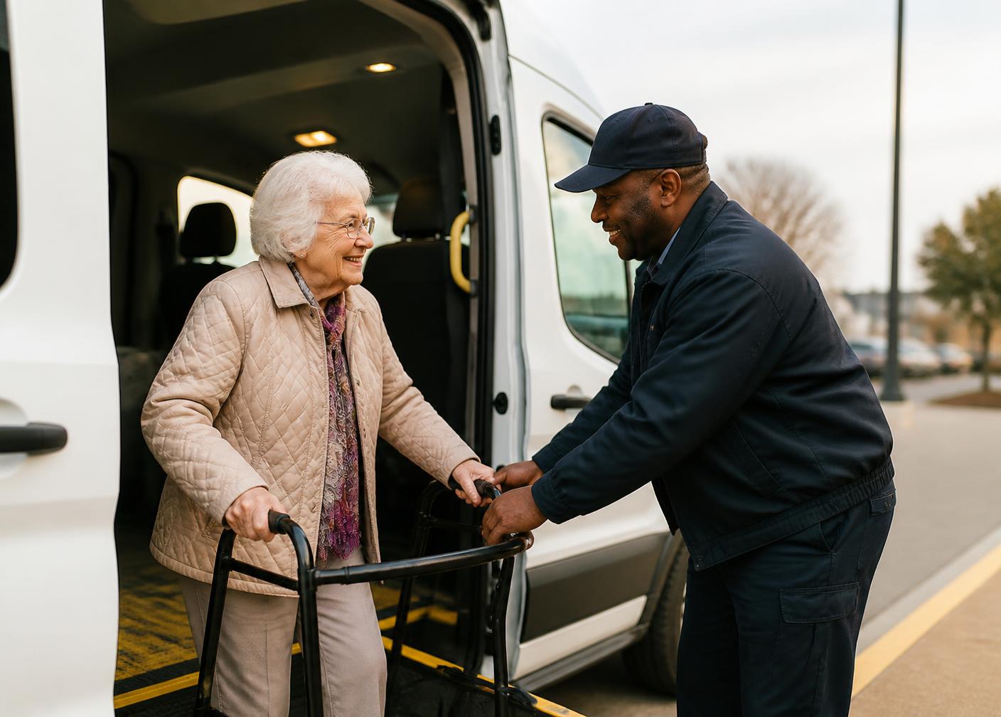 A CCT Transport driver helping a senior passenger with a walker board an accessible van