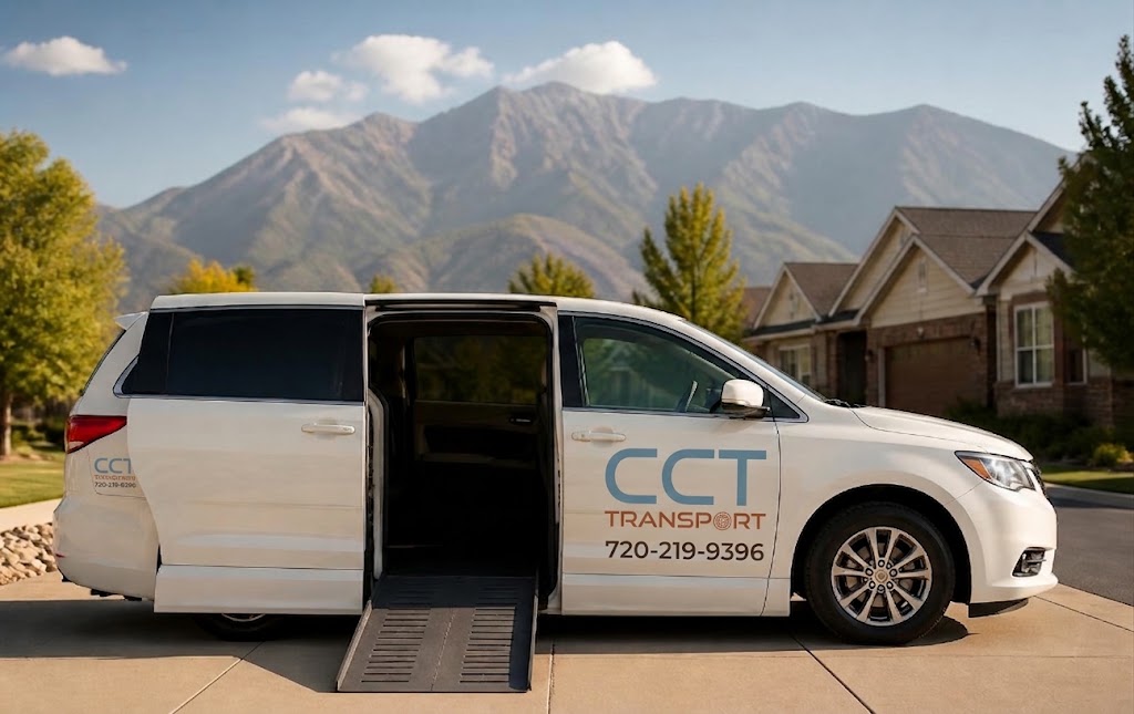 CCT Transport wheelchair-accessible minivan with the ramp deployed in a Colorado neighborhood